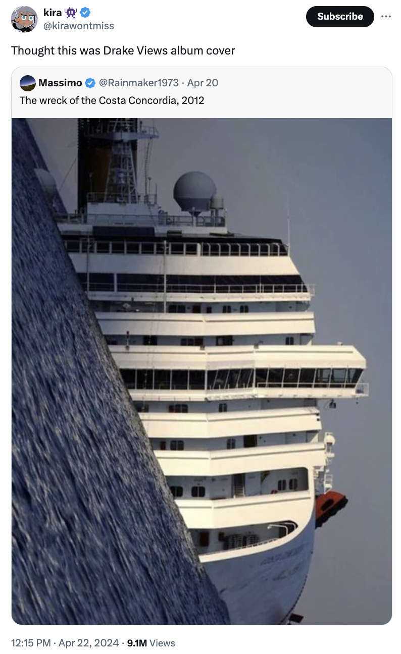 costa concordia front - kira Thought this was Drake Views album cover Massimo Rainmaker1973 Apr 20 The wreck of the Costa Concordia, 2012 9.1M Views Subscribe
